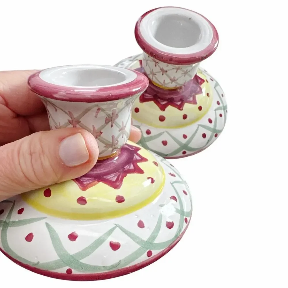 Vintage Set of 2 Boho Colorful Ceramic Candleholders￼